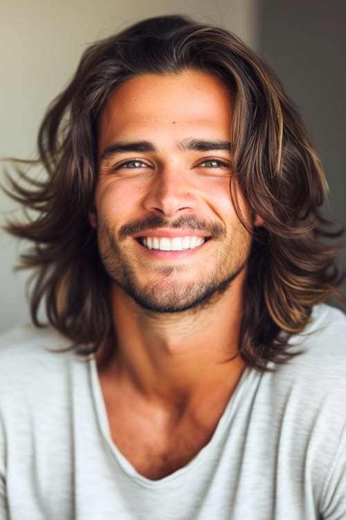 Layered waves long hairstyle on smiling man.