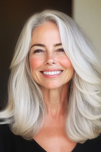 Long Flowing Layers Hairstyle on a smiling woman in her 50s with light gray hair.
