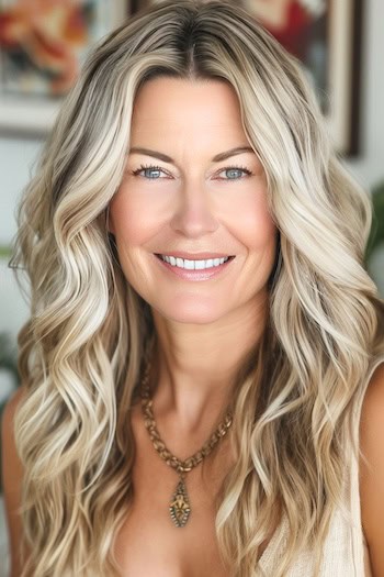 Long Platinum Waves with Center Part Haircut on a smiling woman with thick blonde hair.