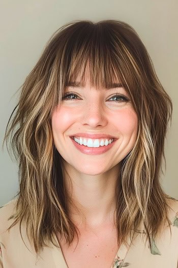 Piecey Shoulder-Length Shag Hairstyle on a smiling woman with brown hair. and face-framing highlights.
