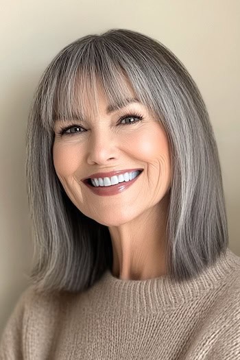 Shoulder-Length Lob with Blunt Bangs Hairstyle on a smiling woman in her 70s with silvery gray hair.