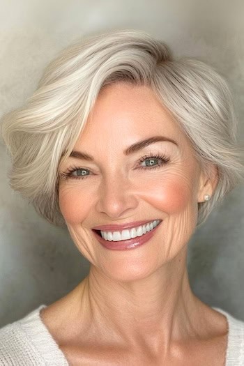 Side-Swept Pixie Hairstyle on a smiling woman in her 70s with gray hair.