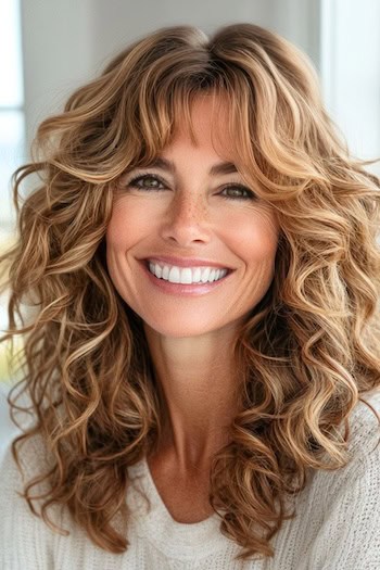 Soft Curly Layers with Bangs Hairstyle on a smiling older woman with brown hair and blonde highlights.