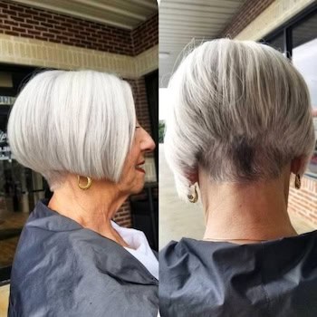 Stacked Bob hairstyle on a woman in her 60s with silver hair, side view and back view.