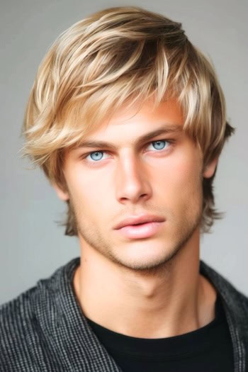 Textured Layered Cut with Fringe Medium-Length Hairstyle For Men.