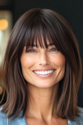 Blunt Shoulder-Length Lob with Bangs Hairstyle on a smiling woman in her 50s with brown hair.
