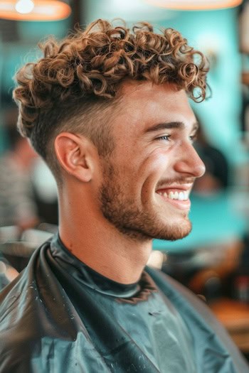 Curly Top with Mid Fade Hairstyle on a smiling man with brown hair in a barber shop.