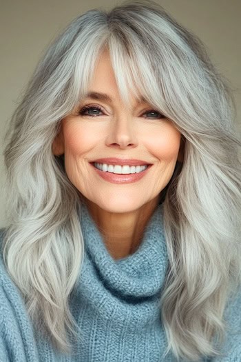 Long Full Waves with Bangs Hairstyle on a smiling woman in her 70s with gray hair who is wearing a blue turtleneck sweater.
