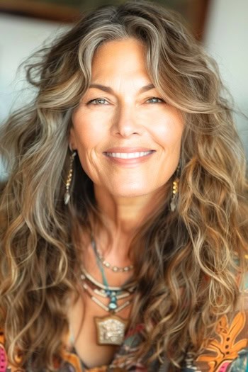 Long Shaggy Boho Waves Haircut on a smiling older woman with brown hair.