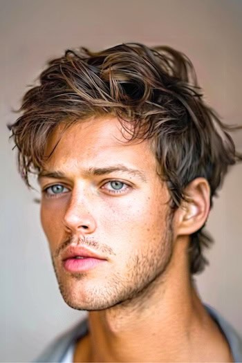 Messy Textured Waves Medium-Length Hairstyle For Men.