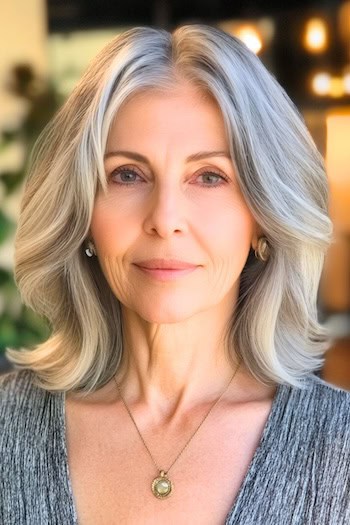 Soft Medium-Length Waves Hairstyle on a smiling woman in her 70s with gray hair.