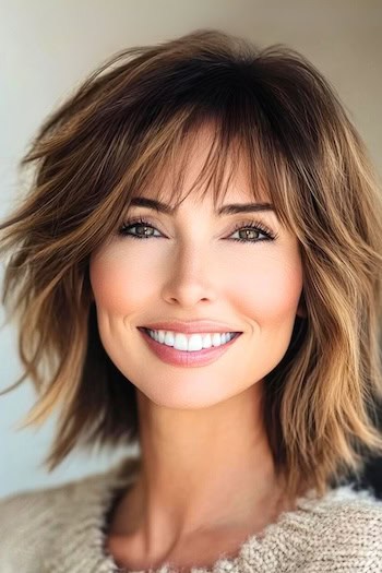 Textured Shag with Wispy Bangs Hairstyle on a smiling woman with brown hair and highlights.