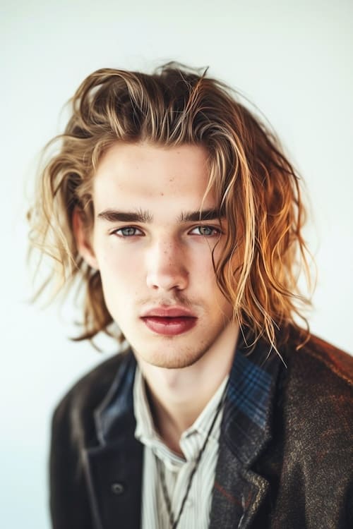 90s grunge hairstyle on young man.