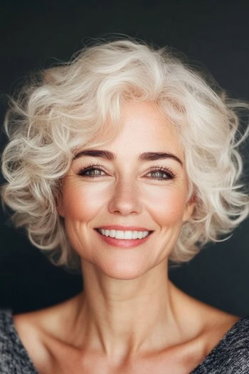 Cropped Wispy Blonde Curls Hairstyle on a smiling older woman with short platinum blonde hair.