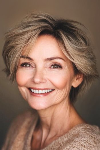 Cropped Wispy Layers with Feathering Hairstyle on a smiling woman in her 70s with light brown hair.