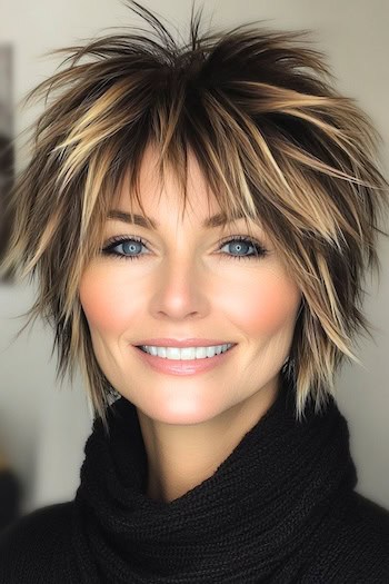 Short Highlighted Shag Hairstyle on a smiling woman with brown hair and blonde highlights.