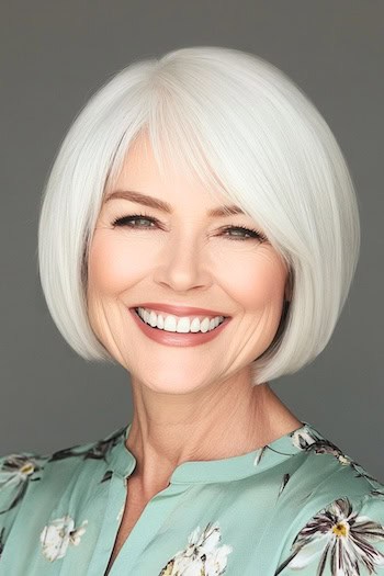 Side-Swept Bob with Bangs Hairstyle on a smiling woman in her 70s with white hair and a pale green floral blouse.