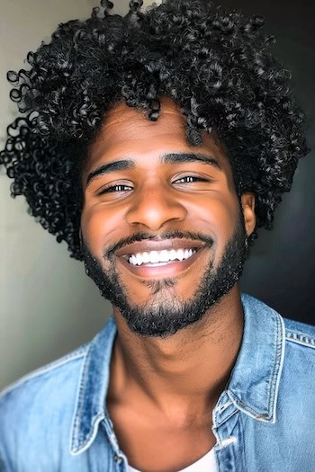 Tight Coils With Beard Hairstyle on a smiling black man with black hair.