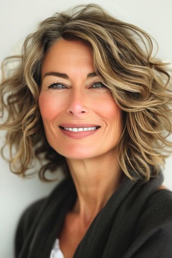 Wavy Layers with Side Bangs Haircut on a smiling woman with brown hair and highlights.
