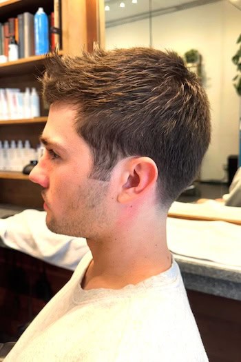 Classic Crew Cut with Taper Men's Haircut, side view.