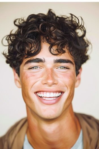 Cropped Curls With Fringe Hairstyle on a smiling man with brown hair.