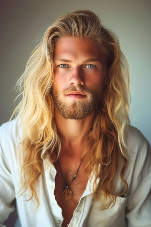Golden beachy waves on handsome young man with long blonde hair and beard.