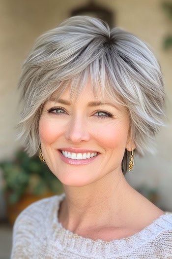 Shaggy Pixie Hairstyle on a smiling woman with gray hair.