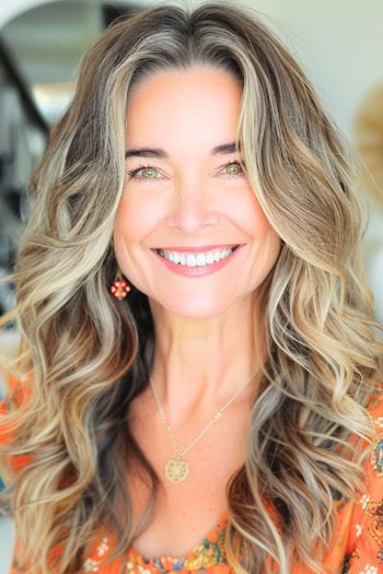 Soft Tapered Waves Haircut on a smiling woman with highlighted brown hair.