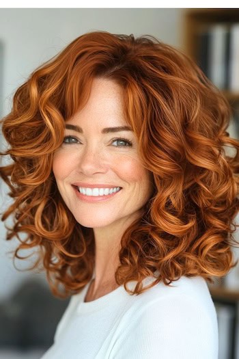 Voluminous Copper Curls Hairstyle on a smiling older woman with copper red hair.
