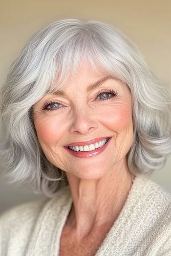 Wavy Layered Bob Hairstyle on a smiling woman in her 70s with gray hair with bangs.