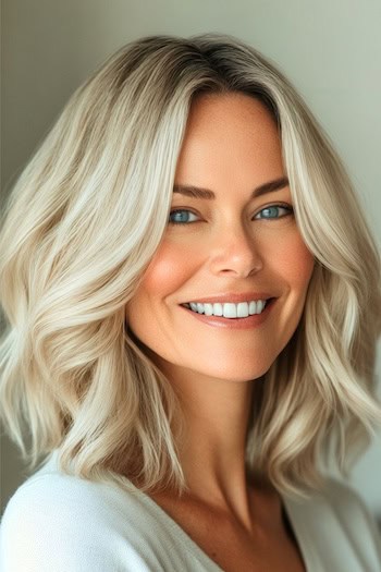 Wavy Long Bob Hairstyle on a smiling woman in her 50s with blonde hair.