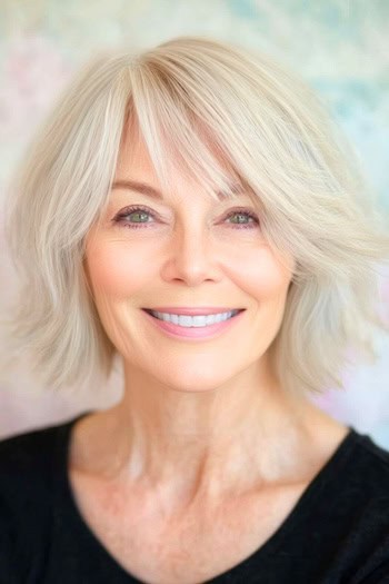 Wispy Side-Swept Layers Hairstyle on a smiling woman in her 70s with blonde hair.