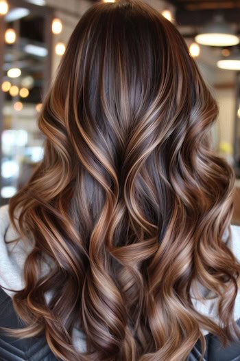 Chocolate Ribbon Waves with Highlights on a woman in a hair salon, back view.
