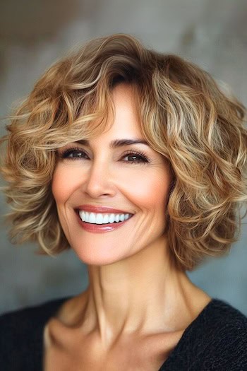 Curly Layered Bob Hairstyle on a smiling older woman with highlighted brown hair.