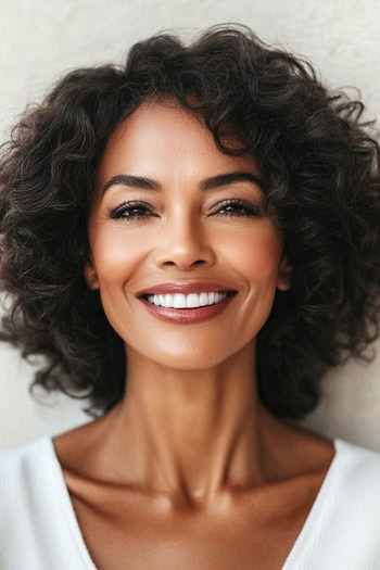Layered Tapered Curls Hairstyle on a smiling black woman in her 50s with dark brown hair.
