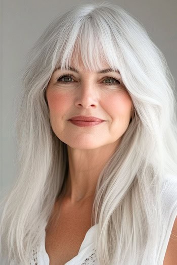 Long Layers with Full Bangs Hairstyle on a woman in her 70s with white gray hair.