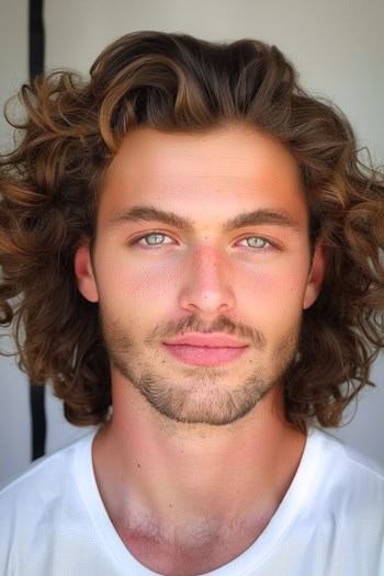 Shoulder-Length Curls Hairstyle on a man with brown hair.