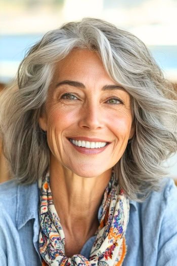 Shoulder-Length Layered Waves Hairstyle on a smiling woman in her 70s with gray hair.