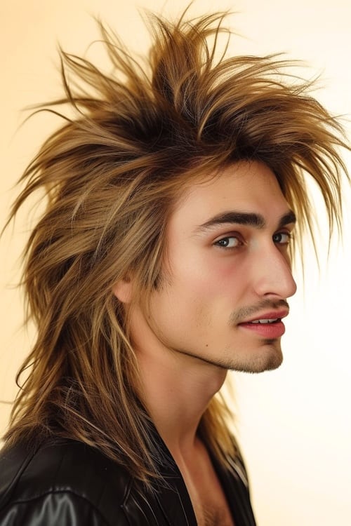 Spiked mane long hairstyle on young man.