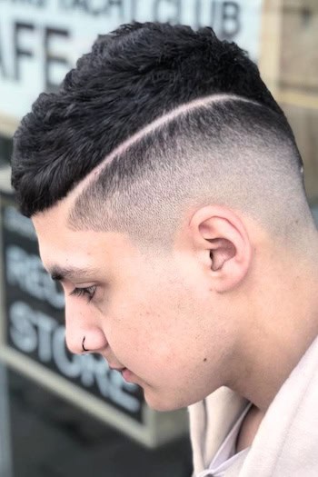 Textured Crop with Hard Part Men's Haircut, side view.