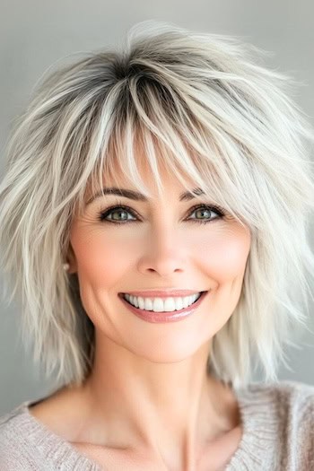 Textured Shag with Choppy Layers Hairstyle on a smiling woman with platinum blonde hair.