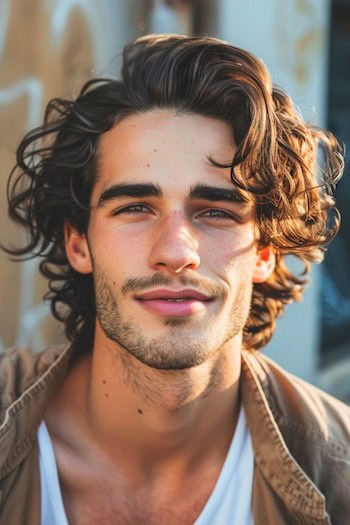 Tousled Waves with Side Bangs Medium-Length Hairstyle For Men.