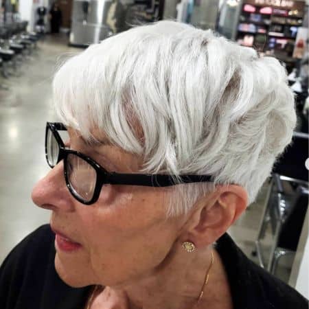 Chunky Silver Layered Pixie Haircut, side view.