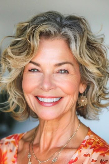 Cropped Layered Waves Haircut on a smiling woman with highlighted brown hair.