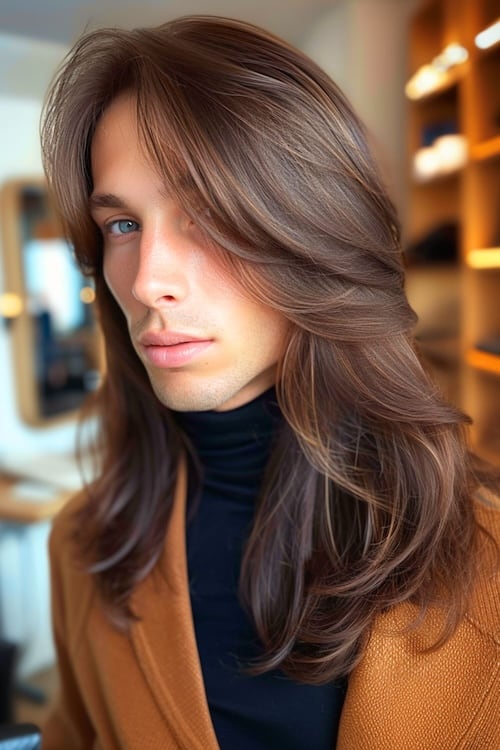 Feathered layers hairstyle on young man.