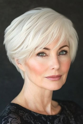 Long Layered Pixie Hairstyle on a woman in her 50s with white hair. Dark background.