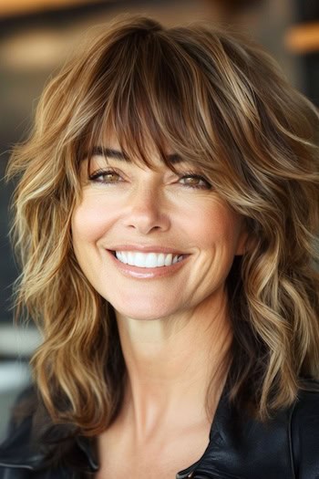 Shaggy Waves Hairstyle on a smiling woman with brown hair and highlights.