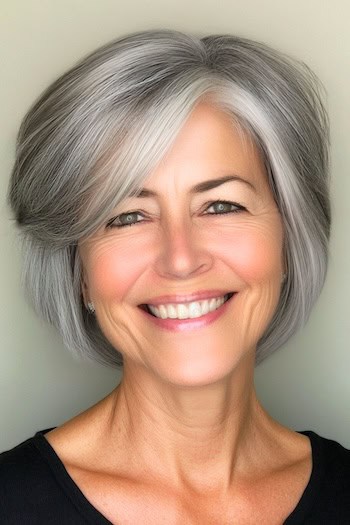 Side-Swept Cropped Layers Hairstyle on a smiling woman in her 70s with gray hair.
