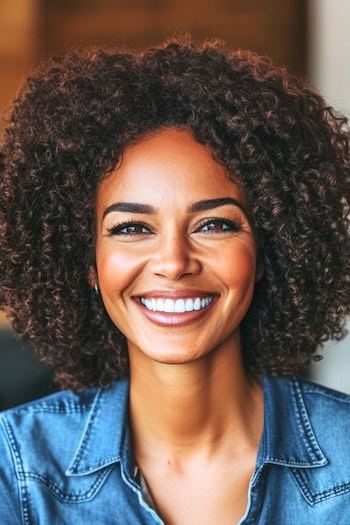 Voluminous Shoulder-Length Natural Curls Hairstyle on a black woman with dark brown coily hair.