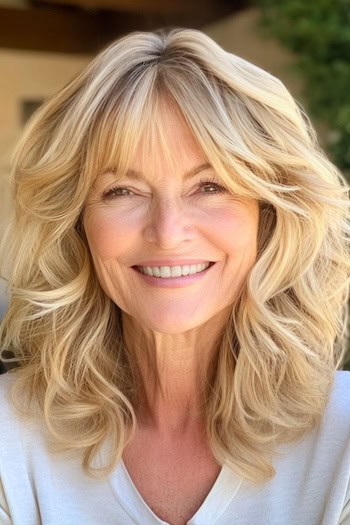 Wavy Shoulder-Length Cut with Bangs Hairstyle on a smiling woman in her 70s with thick blonde hair.